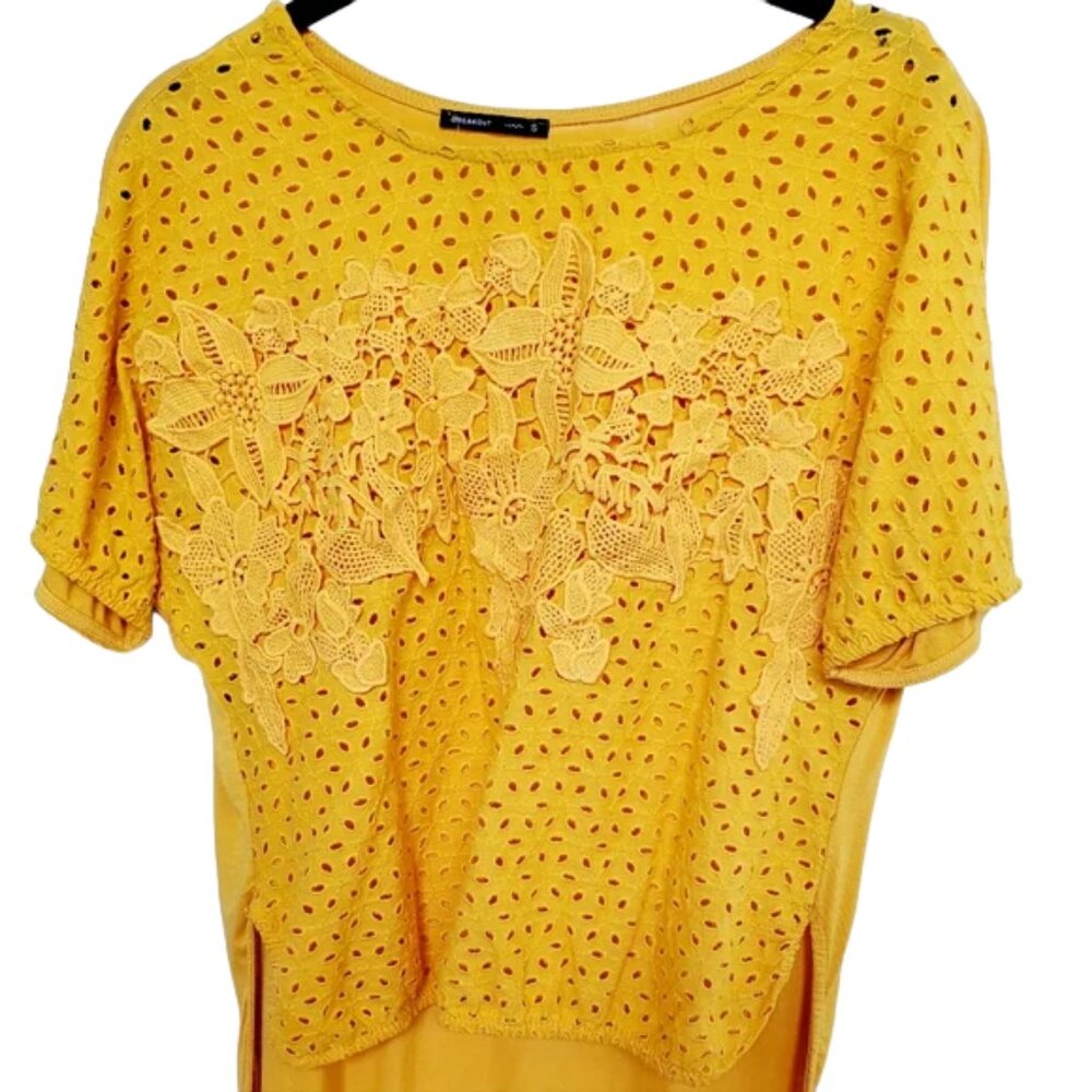 yellow Eyelet pattern high low women's blouse